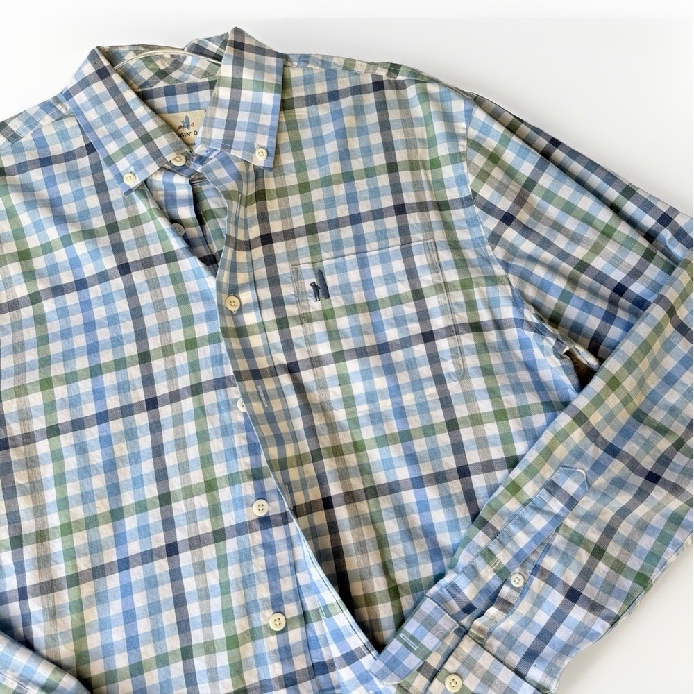 Johnnie-O Hangin Out‎ Plaid Button Down Shirt Blue Green Small Cotton Stretch